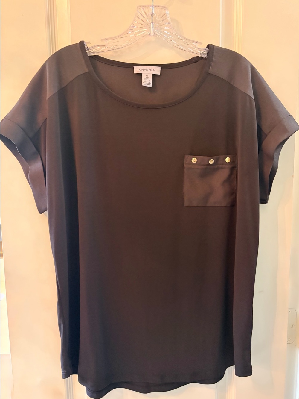 Calvin Klein Women's Black Short-Sleeve Pocket Tee with Gold Button Accents